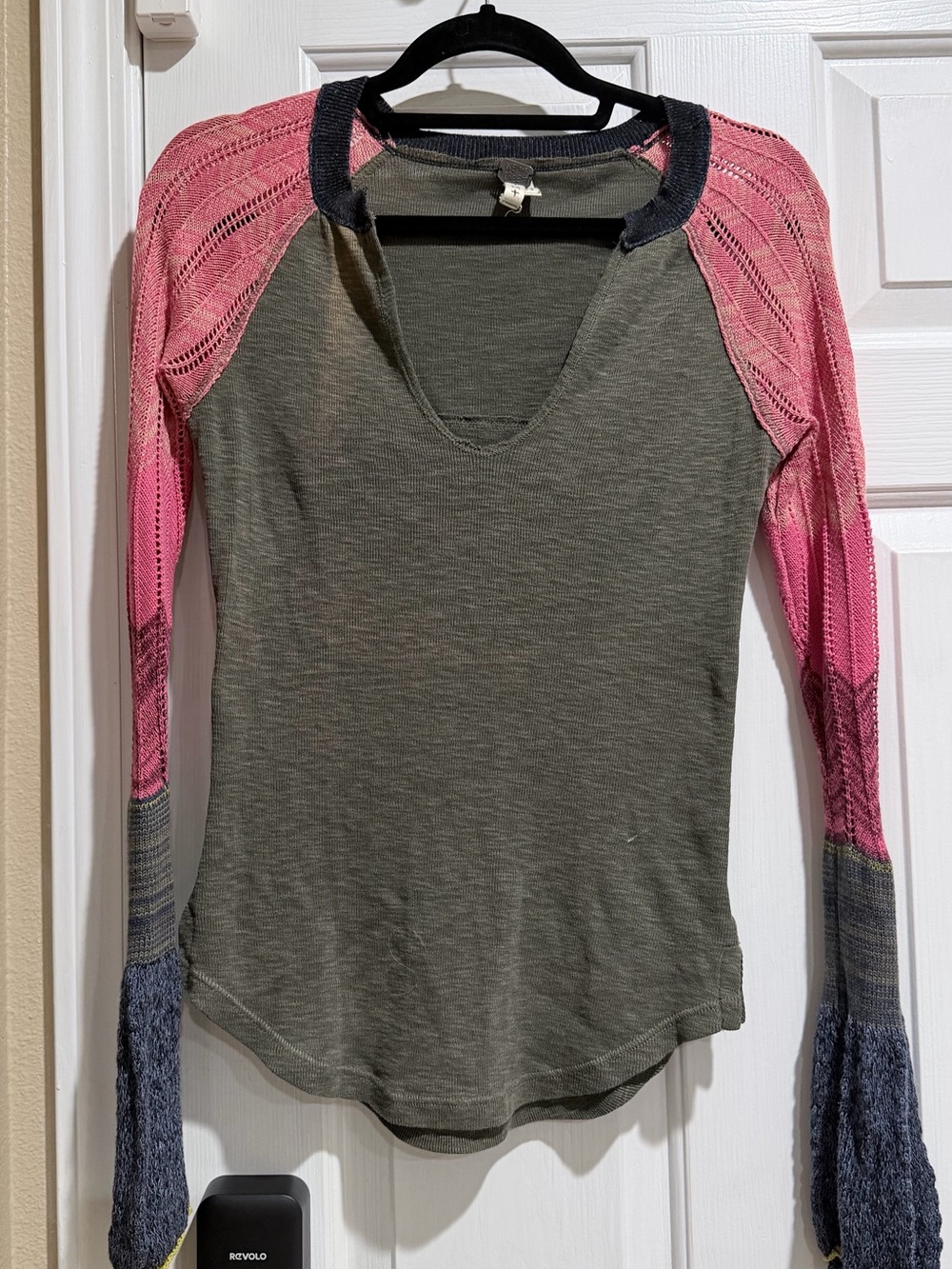 We The Free Olive V-Neck Long Sleeve Top with Pink Raglan Sleeves